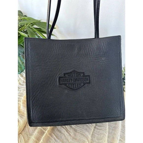 Vtg HARLEY DAVIDSON BLACK GENUINE LEATHER EMBROIDERED SHOULDER BAG STRUCTURED - Picture 5 of 11